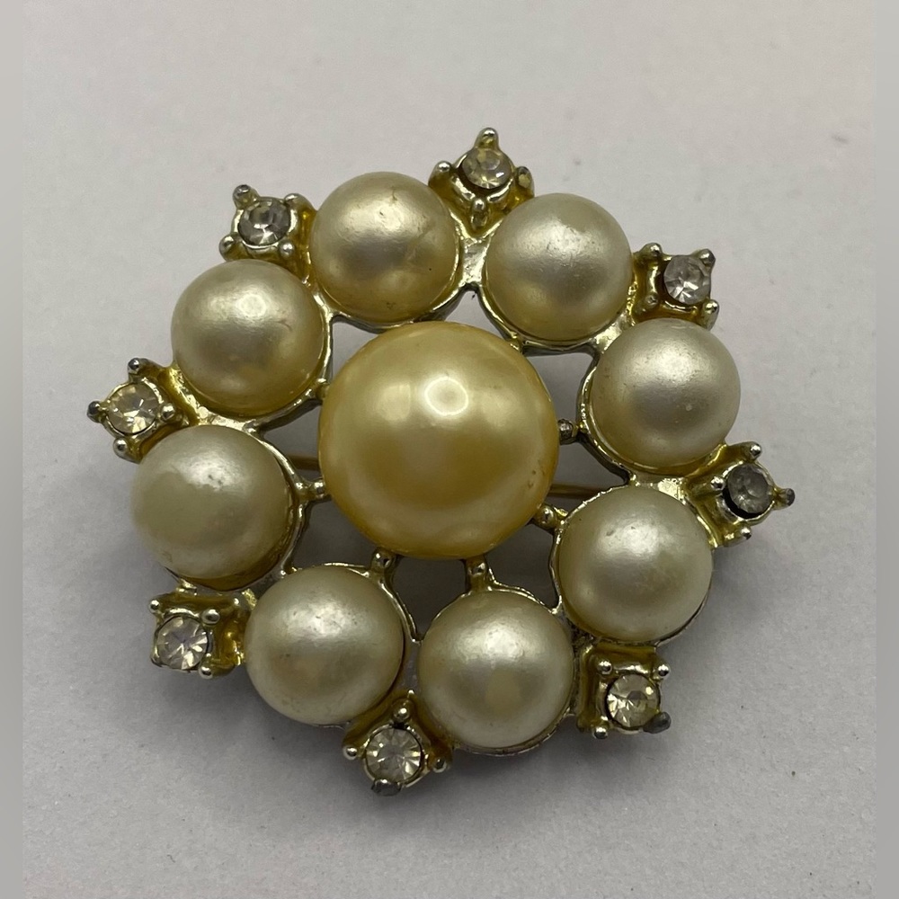 3 for $30 Vintage Silver Tone Faux Pearl Brooch Pin with Clear Faceted Crystals